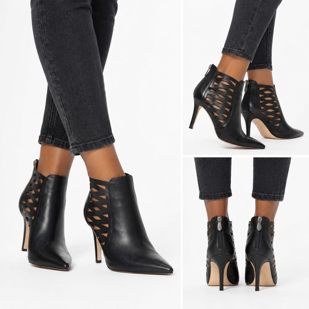 Adrienne Vittadini Womens Nelie Black Leather Cutout Ankle Booties 4" Heels 9.5M
